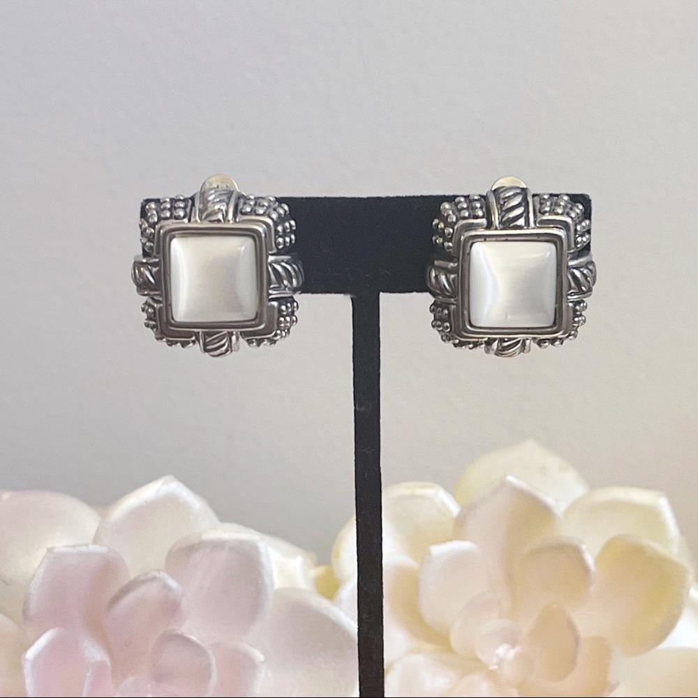 Silver Tone Ornate White Opalite Square Clip On Earrings 1” Elegant